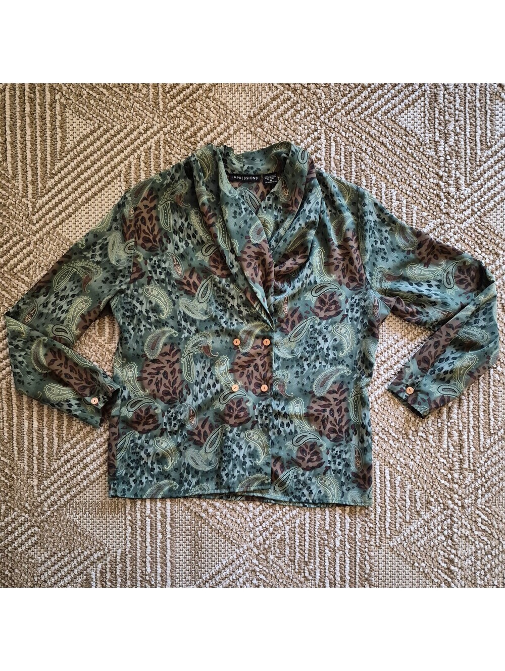 Vintage 90s Y2k Paisley & Animal Print Shawl Collar Blouse M L